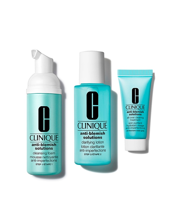 Kit de Skincare Anti-Blemish Solutions, Uma rotina simples, mas eficaz, para combater o aparecimento de imperfeições, em tamanhos miniatura perfeitos para experimentar.<br><br>