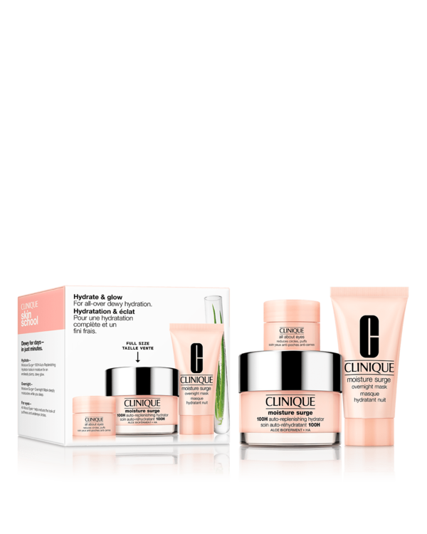 Kit de Hidratação Facial Hydrate and Glow, 3 favoritos de skincare da Clinique para uma hidratação total, incluindo nosso hidratante facial mais vendido Moisture Surge™ 100H em tamanho full size.